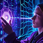 A focused individual, like a digital detective, intently analyzing a holographic, transparent blockchain ledger that pulses with glowing hex codes and interconnected data streams. The scene emphasizes the 'heartbeat of a revolutionary digital economy' and the intricate details emerging from the raw data. Futuristic, high-tech, glowing lines, deep blue and purple hues, sharp focus.