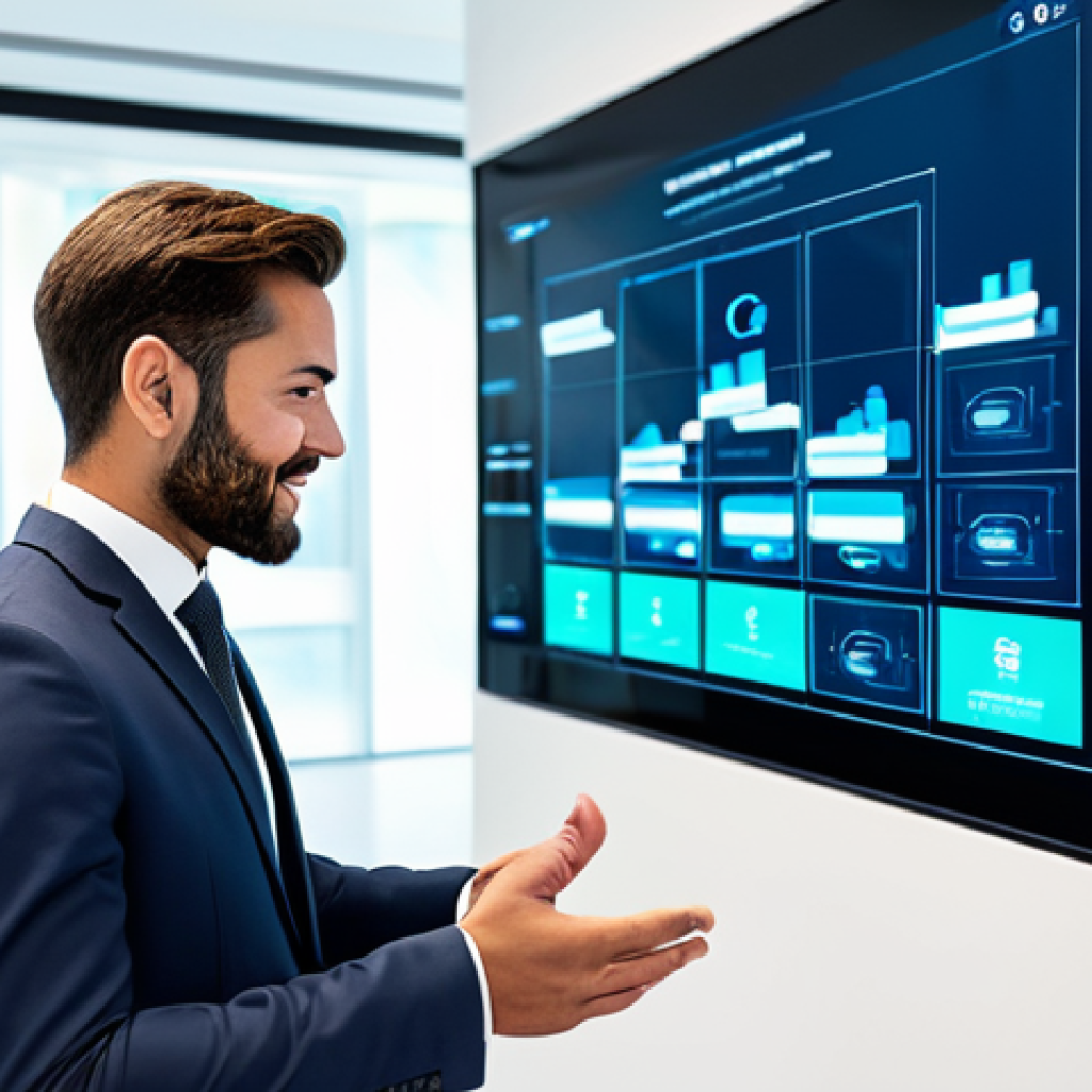 A professional, diverse individual in a sharp, modest business suit, standing confidently in a bright, modern, minimalist office. They are interacting with a holographic touch display that visualizes a seamless, secure property transaction, showing digital documents and a glowing blockchain network. The scene emphasizes efficiency and transparency. Professional photography, sharp focus, vibrant digital interface, architectural elements, fully clothed, appropriate attire, safe for work, perfect anatomy, natural proportions, well-formed hands, proper finger count, natural body proportions, high quality, professional, family-friendly.