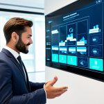 A professional, diverse individual in a sharp, modest business suit, standing confidently in a bright, modern, minimalist office. They are interacting with a holographic touch display that visualizes a seamless, secure property transaction, showing digital documents and a glowing blockchain network. The scene emphasizes efficiency and transparency. Professional photography, sharp focus, vibrant digital interface, architectural elements, fully clothed, appropriate attire, safe for work, perfect anatomy, natural proportions, well-formed hands, proper finger count, natural body proportions, high quality, professional, family-friendly.
