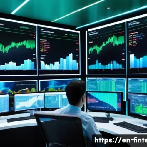 금융 빅데이터 활용 - A sleek, modern financial trading room with diverse professionals analyzing multiple large digital s...