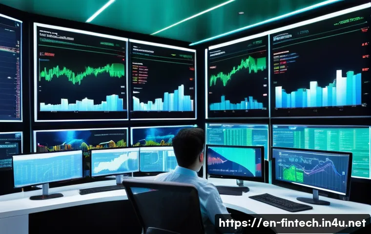 금융 빅데이터 활용 - A sleek, modern financial trading room with diverse professionals analyzing multiple large digital s...