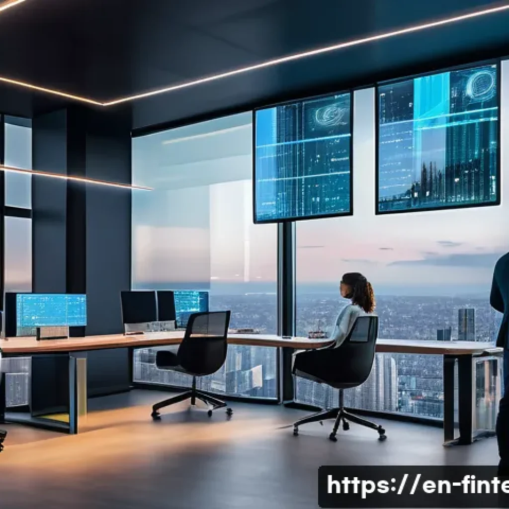 블록체인 기반 펀드 운용 - A futuristic digital fund management office with transparent holographic screens displaying immutabl...