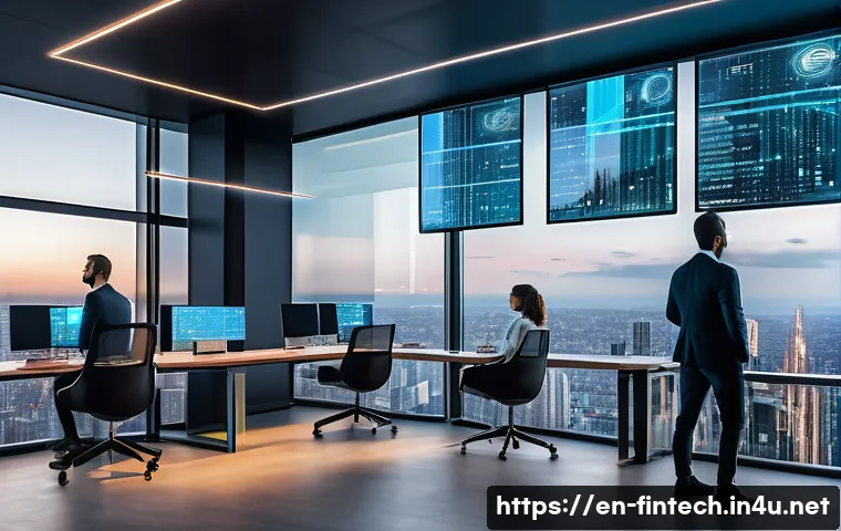 블록체인 기반 펀드 운용 - A futuristic digital fund management office with transparent holographic screens displaying immutabl...