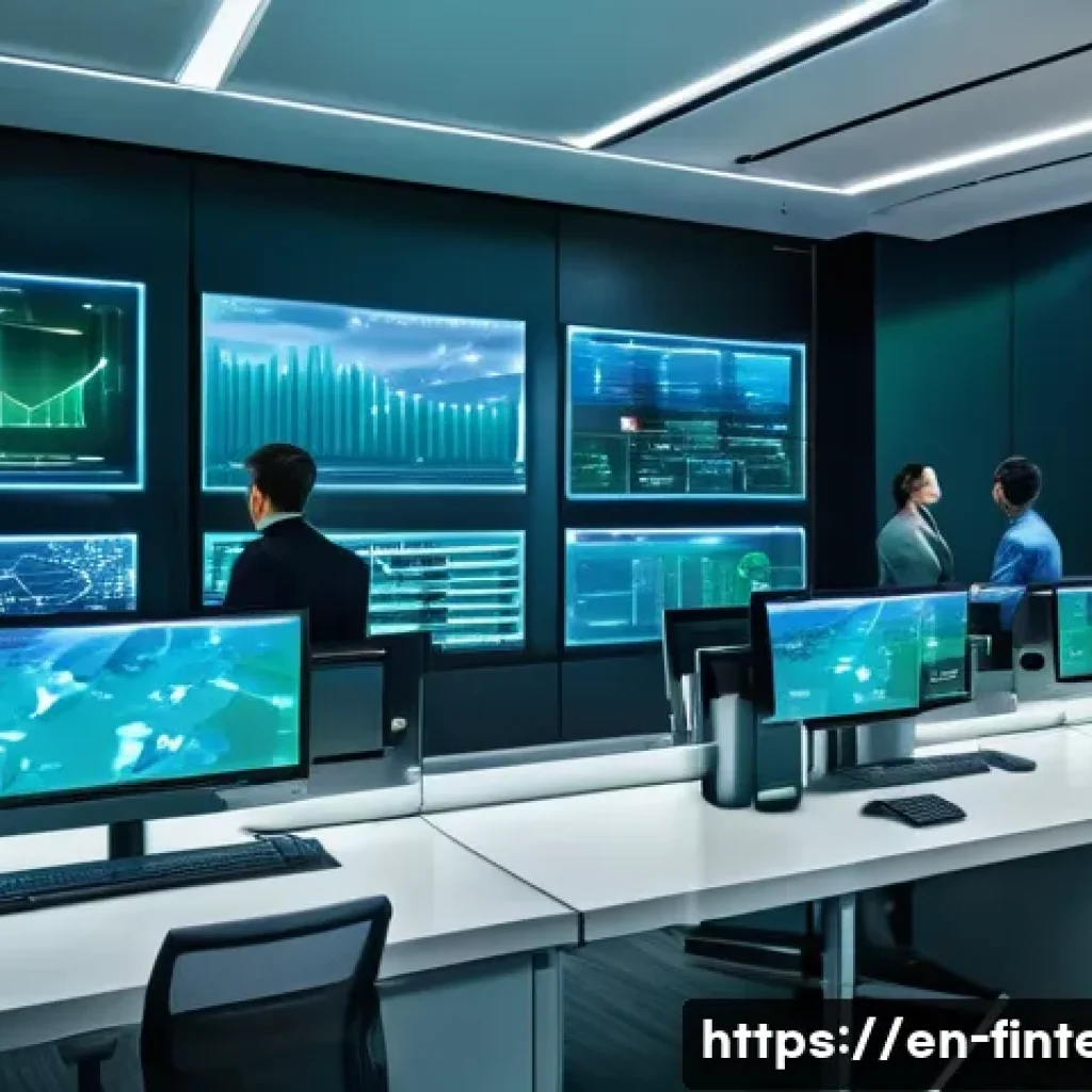 인공지능 기반 금융 거래 - A futuristic financial control room with diverse professionals monitoring multiple large transparent...