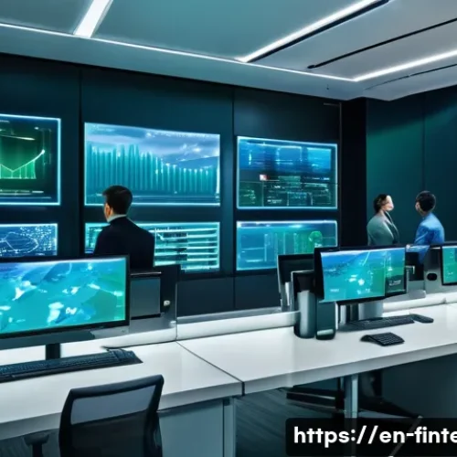 인공지능 기반 금융 거래 - A futuristic financial control room with diverse professionals monitoring multiple large transparent...