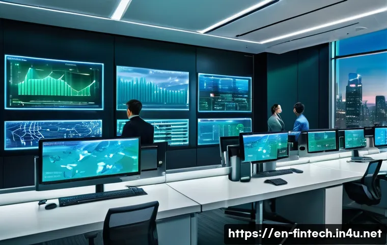 인공지능 기반 금융 거래 - A futuristic financial control room with diverse professionals monitoring multiple large transparent...