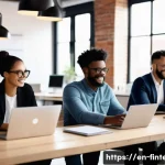 Home 22 크라우드 펀딩 투자 기술 - A modern co-working space with a diverse team of entrepreneurs collaborating on a crowdfunding proje...