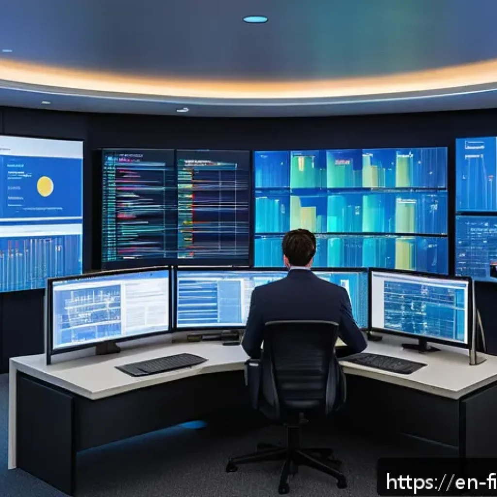 금융 빅데이터 기술 적용 사례 - A modern financial control room with diverse analysts monitoring multiple large digital screens disp...