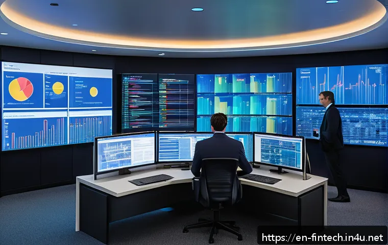 금융 빅데이터 기술 적용 사례 - A modern financial control room with diverse analysts monitoring multiple large digital screens disp...