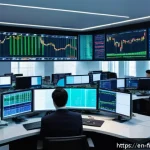 Home 18 주식 예측 소프트웨어 - A futuristic trading room with multiple large digital screens displaying complex stock market charts...