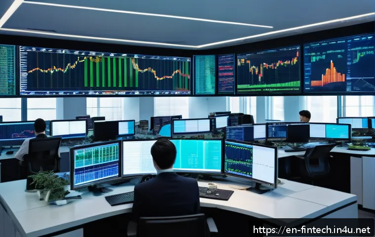 주식 예측 소프트웨어 - A futuristic trading room with multiple large digital screens displaying complex stock market charts...