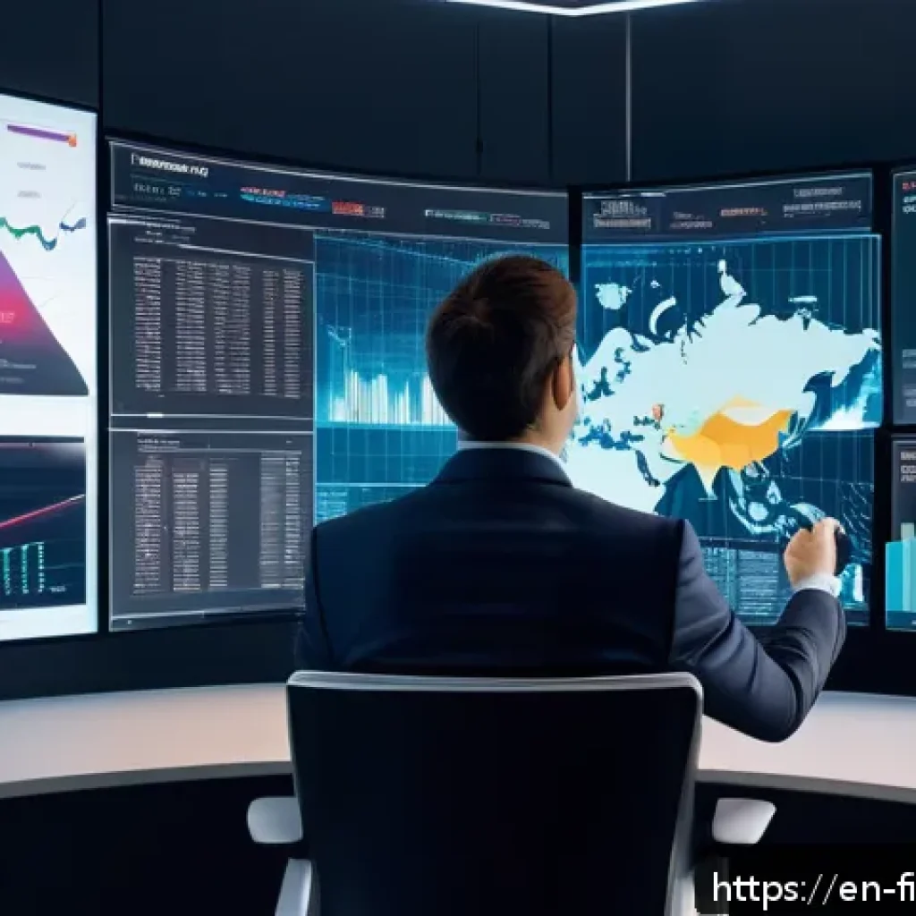 인공지능 기반 자산 배분 - A modern investment professional in a sleek office environment, analyzing multiple large digital scr...
