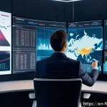 Home 23 인공지능 기반 자산 배분 - A modern investment professional in a sleek office environment, analyzing multiple large digital scr...