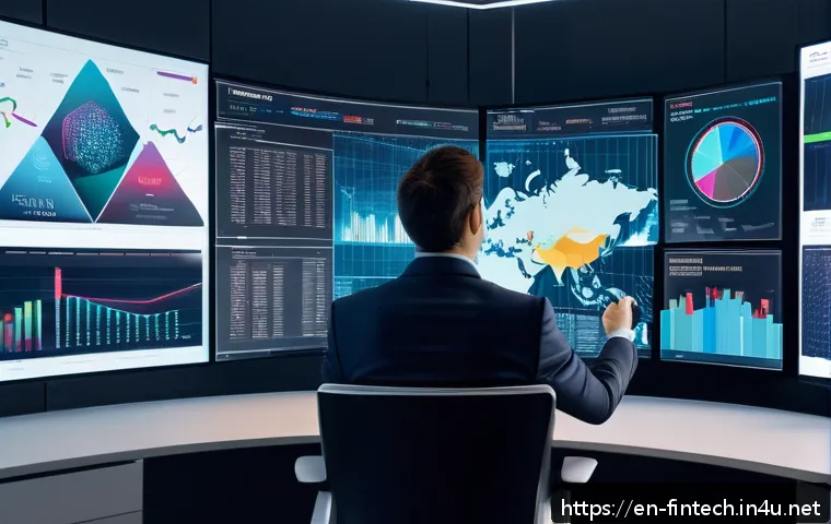인공지능 기반 자산 배분 - A modern investment professional in a sleek office environment, analyzing multiple large digital scr...