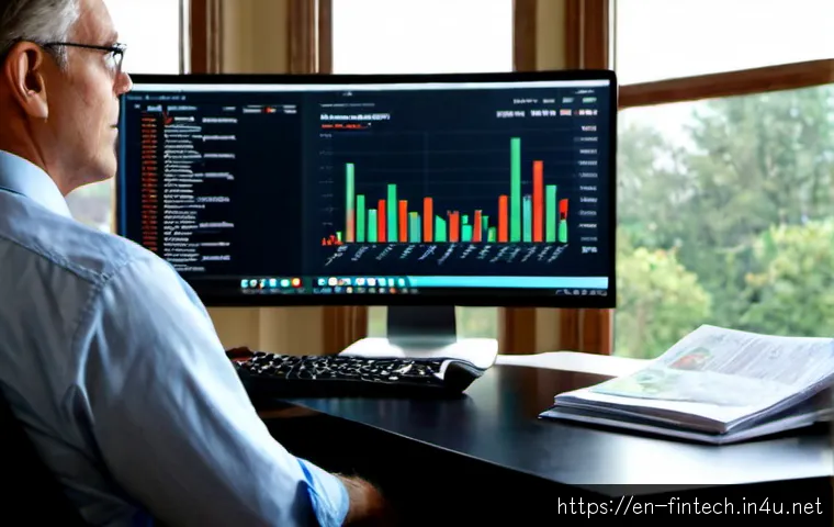 AI 주식 추천 서비스 - Photorealistic modern home office, a middle-aged investor studying a sleek computer dashboard with a...