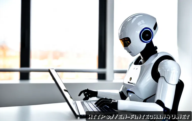Home 17 핀테크 로보틱 서비스 - Photorealistic modern fintech operations center, a friendly service robot with a sleek white body as...