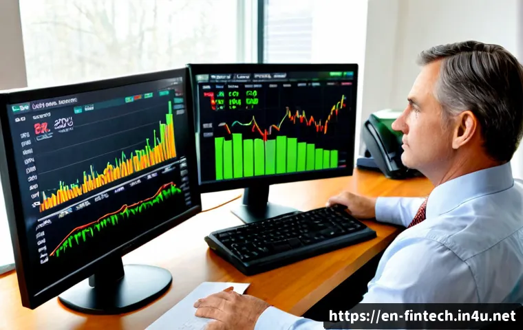 주식 투자 분석 도구 - Photorealistic home-office scene of a thoughtful middle-aged investor analyzing a clean multi-monito...